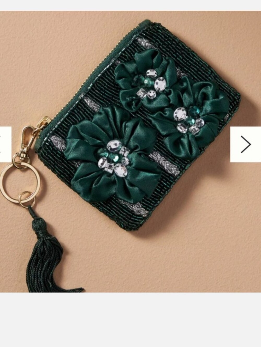 NWOT! ANTHROPOLOGIE, Decorative Beaded Flower Coin Purse, Emerald Green
